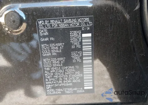 2015 Nissan Rogue Sv z USA, uszkodzony, nr VIN KNMAT2MT4FP506491